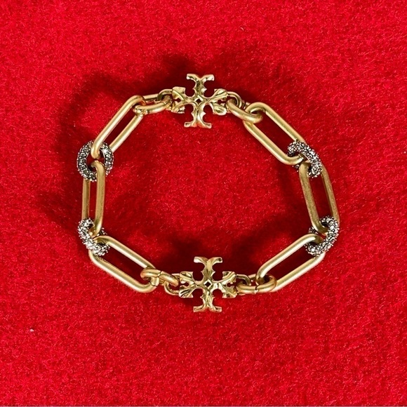 TORY BURCH ROXANNE CHAIN PAVÉ WOMEN'S BRACELET - ANTIQUE GOLD / BLACK CRYSTAL - Picture 3 of 7